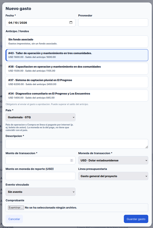 Formulario Nuevo gasto con selector de fondo