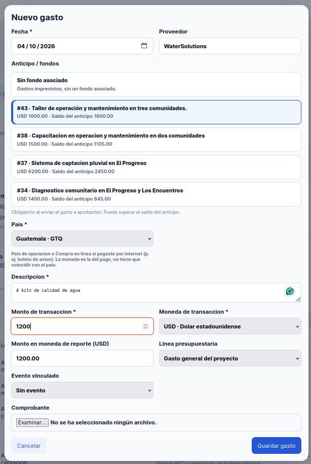 Formulario relleno con proveedor, descripción y monto