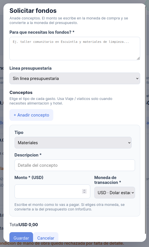 Formulario de solicitud vacío