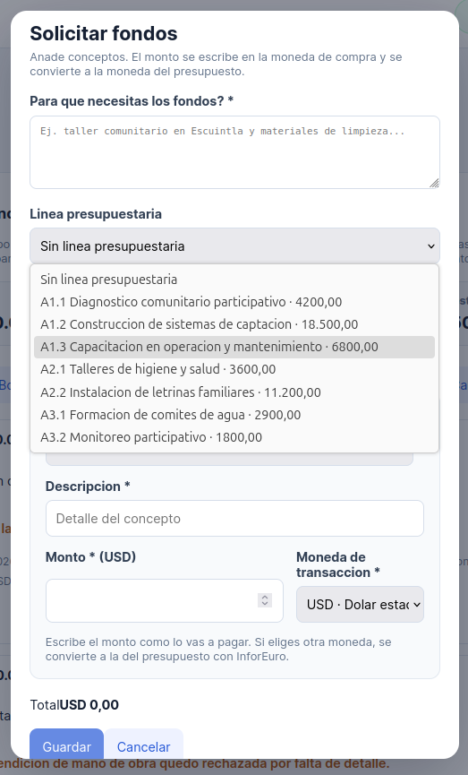 Selector de línea presupuestaria