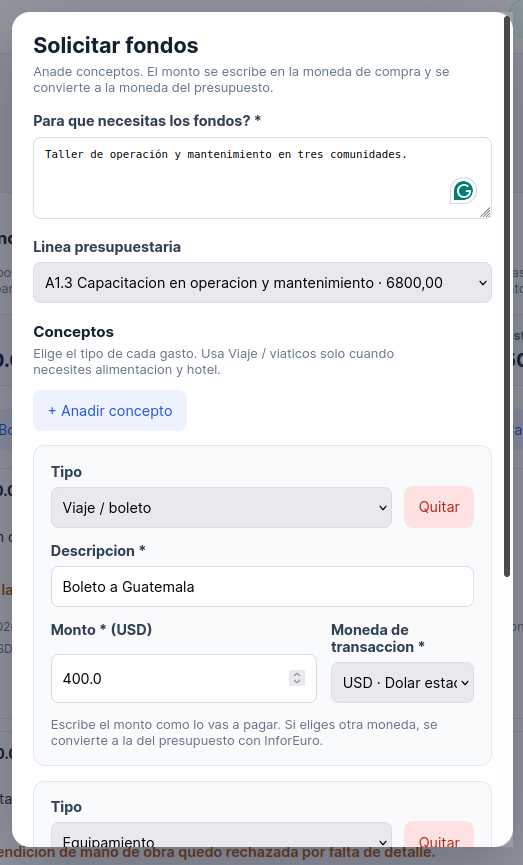 Formulario con propósito y línea seleccionada