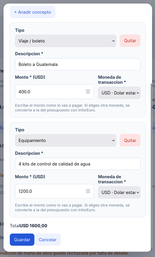 Conceptos detallados con montos