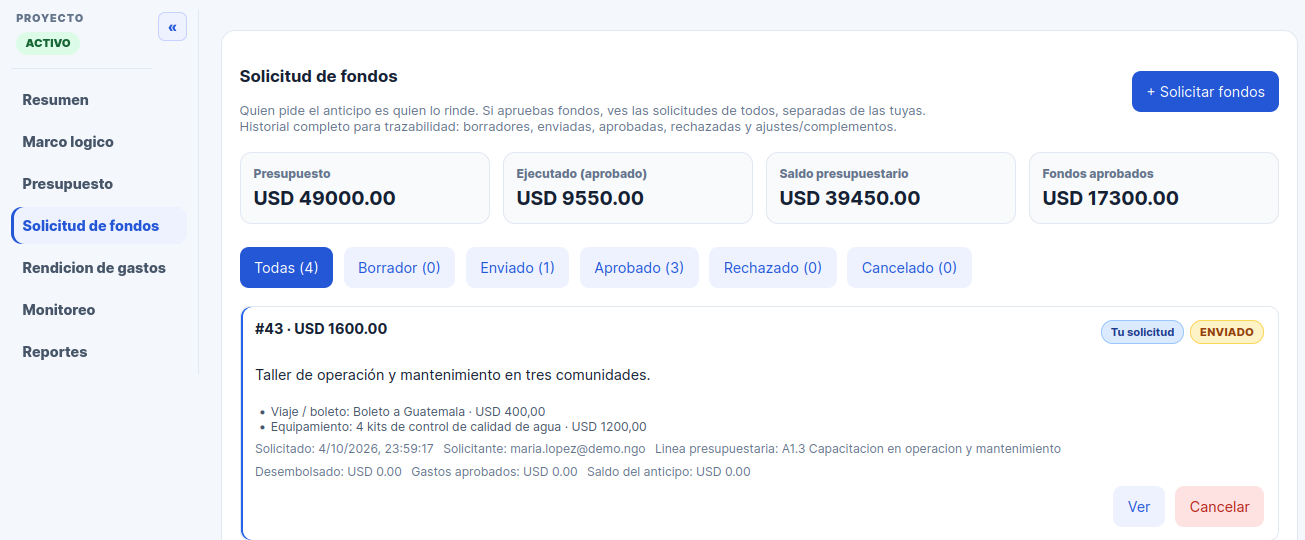 Solicitud en estado enviado